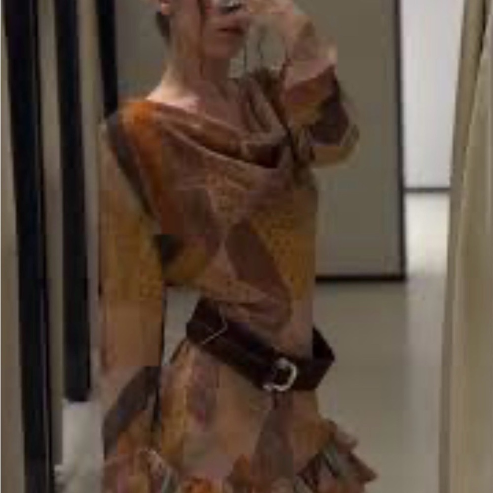 Zara Brown and Mustard Patterned Long-Sleeve Dress